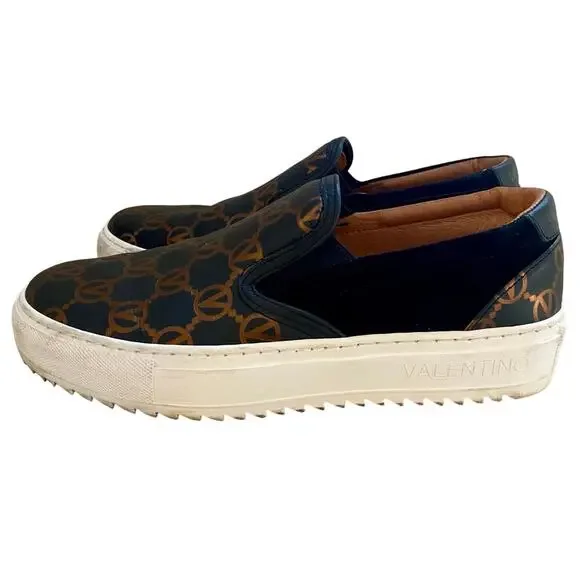 Valentino Regina Leather Suede Slip-On Sneaker Women Sz 8 Monogram Platform Shoe - Picture 3 of 7